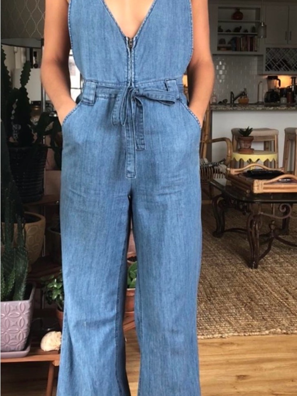 Free People Light Blue Denim Tie-Waist Jumpsuit